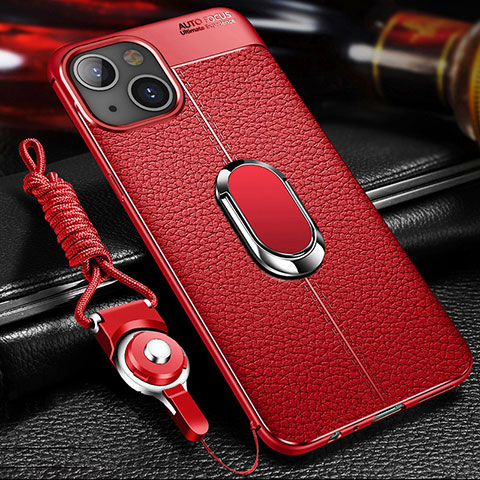 Funda Silicona Goma de Cuero Carcasa con Magnetico Anillo de dedo Soporte S02 para Apple iPhone 15 Rojo