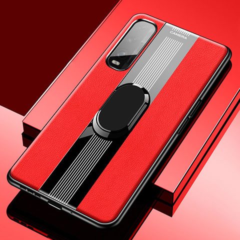 Funda Silicona Goma de Cuero Carcasa con Magnetico Anillo de dedo Soporte S02 para Oppo Find X2 Rojo