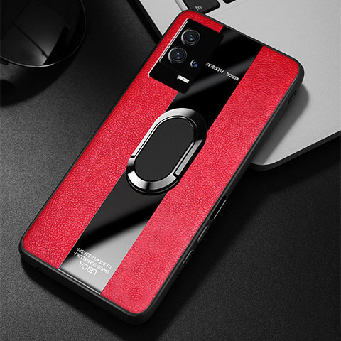 Funda Silicona Goma de Cuero Carcasa con Magnetico Anillo de dedo Soporte S02 para Vivo iQOO 8 5G Rojo