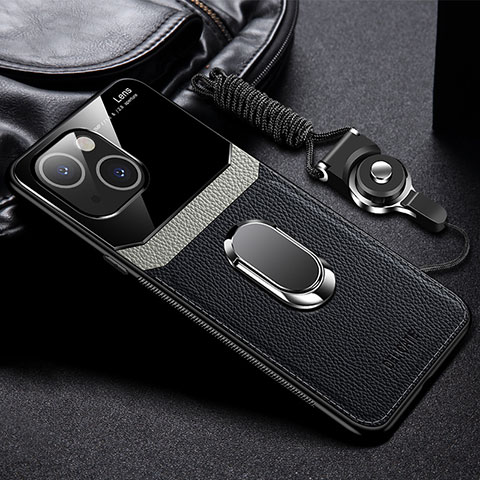 Funda Silicona Goma de Cuero Carcasa con Magnetico Anillo de dedo Soporte S03 para Apple iPhone 14 Negro