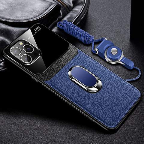 Funda Silicona Goma de Cuero Carcasa con Magnetico Anillo de dedo Soporte S03 para Apple iPhone 14 Pro Azul