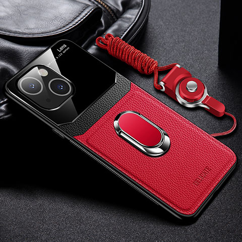 Funda Silicona Goma de Cuero Carcasa con Magnetico Anillo de dedo Soporte S03 para Apple iPhone 15 Rojo