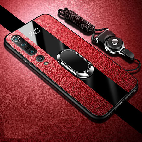 Funda Silicona Goma de Cuero Carcasa con Magnetico Anillo de dedo Soporte S03 para Xiaomi Mi 10 Pro Rojo