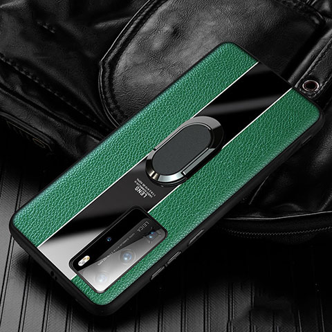 Funda Silicona Goma de Cuero Carcasa con Magnetico Anillo de dedo Soporte S04 para Huawei P40 Pro Verde