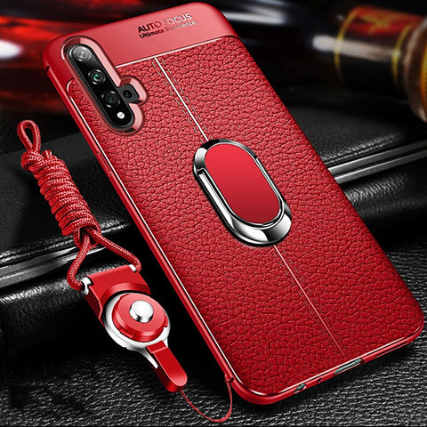 Funda Silicona Goma de Cuero Carcasa con Magnetico Anillo de dedo Soporte T01 para Huawei Honor 20 Rojo