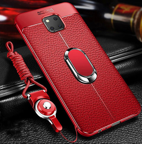 Funda Silicona Goma de Cuero Carcasa con Magnetico Anillo de dedo Soporte T01 para Huawei Mate 20 Pro Rojo