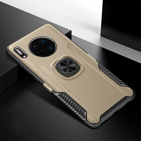 Funda Silicona Goma de Cuero Carcasa con Magnetico Anillo de dedo Soporte T01 para Huawei Mate 30 Pro Oro