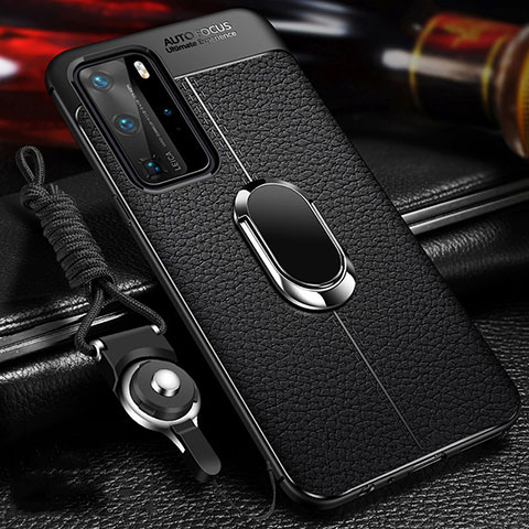 Funda Silicona Goma de Cuero Carcasa con Magnetico Anillo de dedo Soporte T01 para Huawei P40 Pro Negro