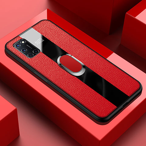 Funda Silicona Goma de Cuero Carcasa con Magnetico Anillo de dedo Soporte T01 para Oppo A52 Rojo