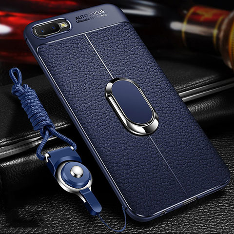 Funda Silicona Goma de Cuero Carcasa con Magnetico Anillo de dedo Soporte T01 para Oppo R17 Neo Azul