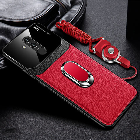 Funda Silicona Goma de Cuero Carcasa con Magnetico Anillo de dedo Soporte T02 para Huawei Mate 20 Lite Rojo