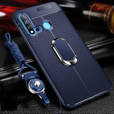 Funda Silicona Goma de Cuero Carcasa con Magnetico Anillo de dedo Soporte T02 para Huawei Nova 5i Azul