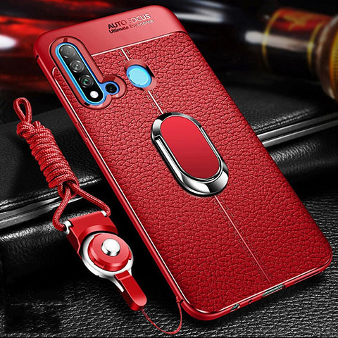 Funda Silicona Goma de Cuero Carcasa con Magnetico Anillo de dedo Soporte T02 para Huawei Nova 5i Rojo