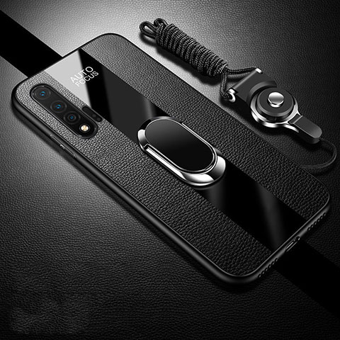 Funda Silicona Goma de Cuero Carcasa con Magnetico Anillo de dedo Soporte T02 para Huawei Nova 6 Negro