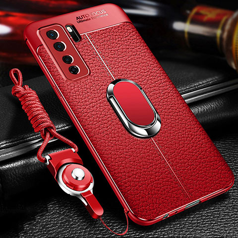 Funda Silicona Goma de Cuero Carcasa con Magnetico Anillo de dedo Soporte T02 para Huawei Nova 7 SE 5G Rojo