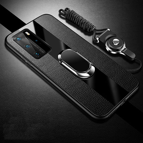 Funda Silicona Goma de Cuero Carcasa con Magnetico Anillo de dedo Soporte T02 para Huawei P40 Pro Negro