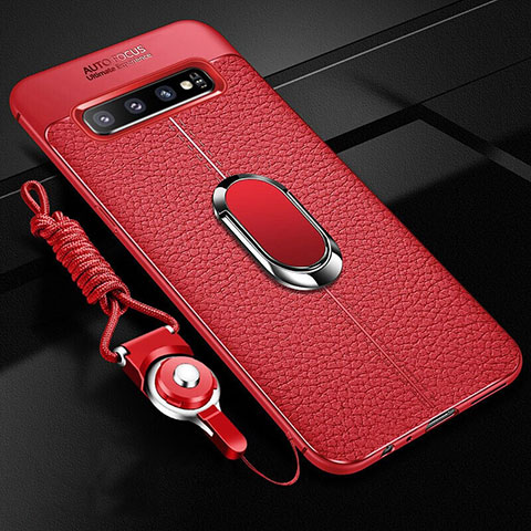 Funda Silicona Goma de Cuero Carcasa con Magnetico Anillo de dedo Soporte T02 para Samsung Galaxy S10 5G Rojo