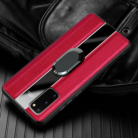 Funda Silicona Goma de Cuero Carcasa con Magnetico Anillo de dedo Soporte T02 para Samsung Galaxy S20 Rojo