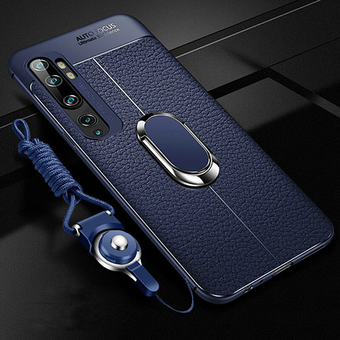 Funda Silicona Goma de Cuero Carcasa con Magnetico Anillo de dedo Soporte T02 para Xiaomi Mi Note 10 Pro Azul