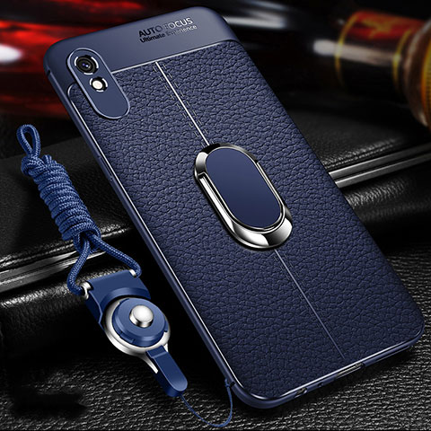 Funda Silicona Goma de Cuero Carcasa con Magnetico Anillo de dedo Soporte T02 para Xiaomi Redmi 9A Azul