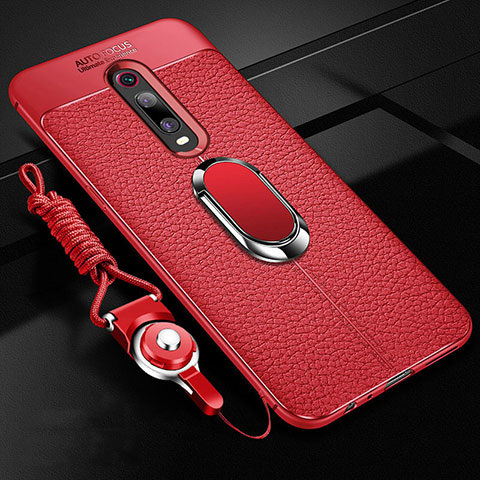 Funda Silicona Goma de Cuero Carcasa con Magnetico Anillo de dedo Soporte T02 para Xiaomi Redmi K20 Pro Rojo