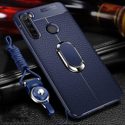 Funda Silicona Goma de Cuero Carcasa con Magnetico Anillo de dedo Soporte T02 para Xiaomi Redmi Note 8 (2021) Azul