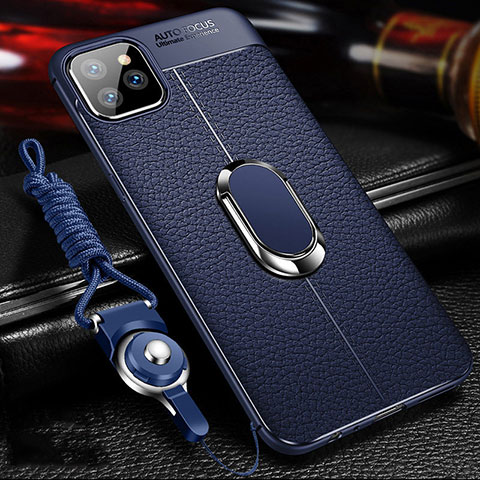 Funda Silicona Goma de Cuero Carcasa con Magnetico Anillo de dedo Soporte T03 para Apple iPhone 11 Pro Max Azul