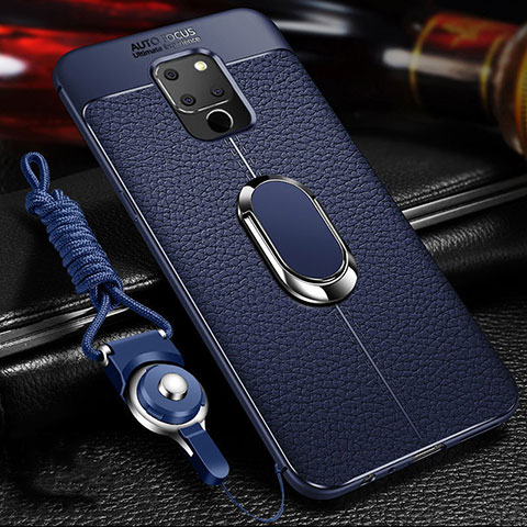 Funda Silicona Goma de Cuero Carcasa con Magnetico Anillo de dedo Soporte T03 para Huawei Mate 20 X 5G Azul