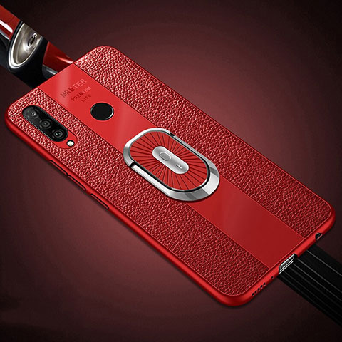 Funda Silicona Goma de Cuero Carcasa con Magnetico Anillo de dedo Soporte T03 para Huawei Nova 4e Rojo