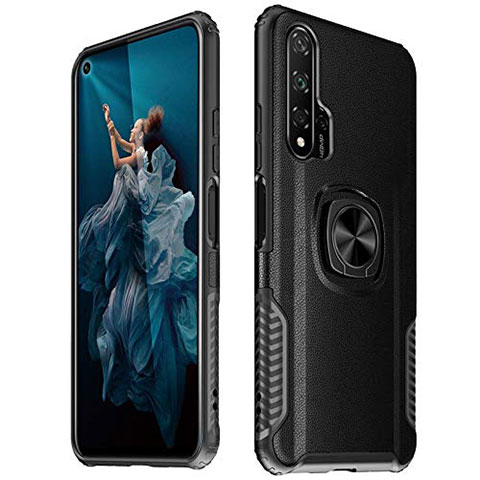 Funda Silicona Goma de Cuero Carcasa con Magnetico Anillo de dedo Soporte T04 para Huawei Honor 20 Pro Negro