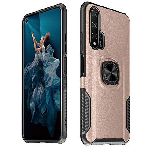 Funda Silicona Goma de Cuero Carcasa con Magnetico Anillo de dedo Soporte T04 para Huawei Honor 20 Pro Oro Rosa