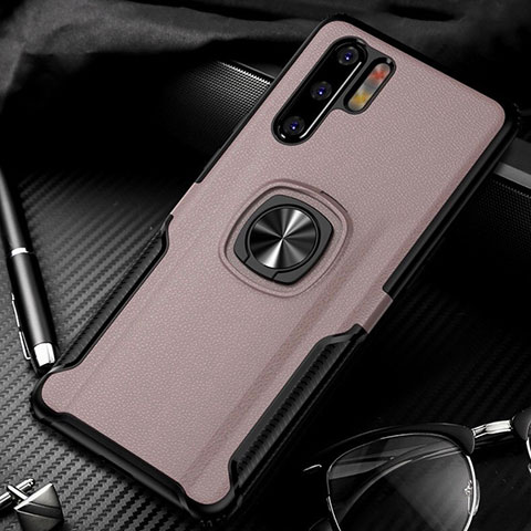 Funda Silicona Goma de Cuero Carcasa con Magnetico Anillo de dedo Soporte T05 para Huawei P30 Pro Oro Rosa