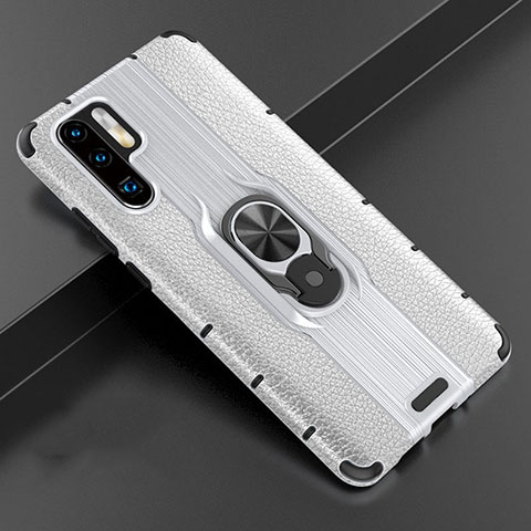 Funda Silicona Goma de Cuero Carcasa con Magnetico Anillo de dedo Soporte T06 para Huawei P30 Pro Plata