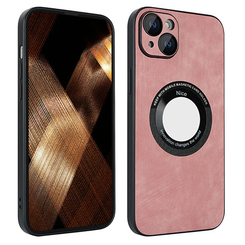 Funda Silicona Goma de Cuero Carcasa con Magnetico S14D para Apple iPhone 15 Plus Oro Rosa