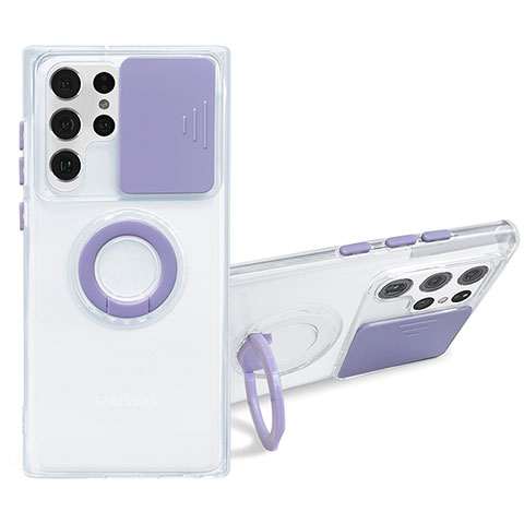 Funda Silicona Ultrafina Carcasa Transparente con Anillo de dedo Soporte S01 para Samsung Galaxy S23 Ultra 5G Morado