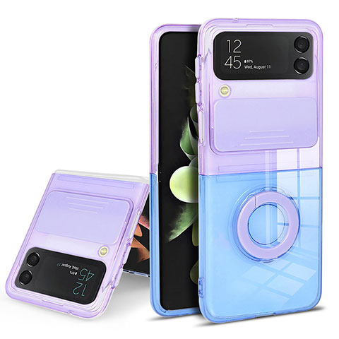 Funda Silicona Ultrafina Carcasa Transparente con Anillo de dedo Soporte S02 para Samsung Galaxy Z Flip3 5G Morado