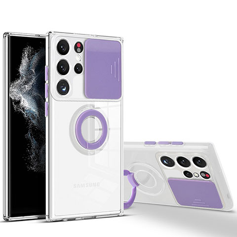 Funda Silicona Ultrafina Carcasa Transparente con Anillo de dedo Soporte S03 para Samsung Galaxy S21 Ultra 5G Morado