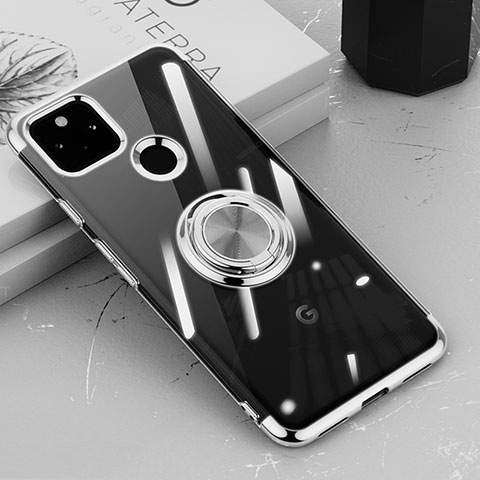 Funda Silicona Ultrafina Carcasa Transparente con Magnetico Anillo de dedo Soporte AN1 para Google Pixel 5a 5G Plata