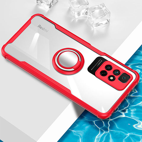 Funda Silicona Ultrafina Carcasa Transparente con Magnetico Anillo de dedo Soporte BH1 para Xiaomi Redmi Note 11T 5G Rojo