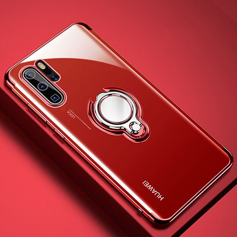 Funda Silicona Ultrafina Carcasa Transparente con Magnetico Anillo de dedo Soporte C01 para Huawei P30 Pro New Edition Rojo