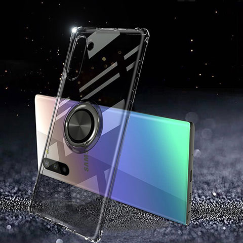 Funda Silicona Ultrafina Carcasa Transparente con Magnetico Anillo de dedo Soporte C01 para Samsung Galaxy Note 10 Negro