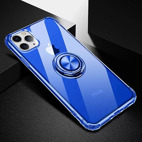 Funda Silicona Ultrafina Carcasa Transparente con Magnetico Anillo de dedo Soporte C03 para Apple iPhone 11 Pro Azul