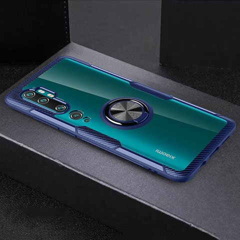 Funda Silicona Ultrafina Carcasa Transparente con Magnetico Anillo de dedo Soporte D01 para Xiaomi Mi Note 10 Azul y Negro