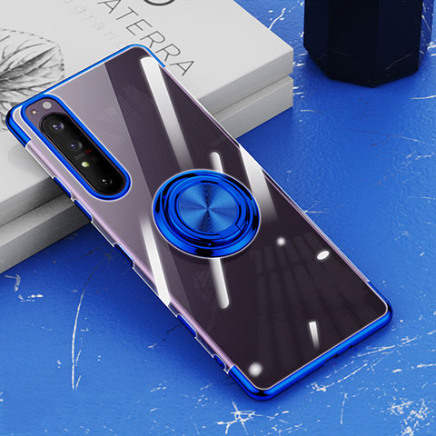 Funda Silicona Ultrafina Carcasa Transparente con Magnetico Anillo de dedo Soporte para Sony Xperia 1 III Azul