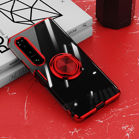 Funda Silicona Ultrafina Carcasa Transparente con Magnetico Anillo de dedo Soporte para Sony Xperia 1 IV SO-51C Rojo