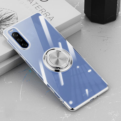 Funda Silicona Ultrafina Carcasa Transparente con Magnetico Anillo de dedo Soporte para Sony Xperia 10 III Lite Plata