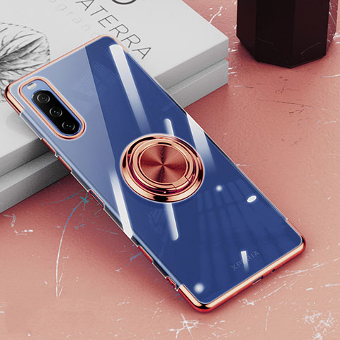 Funda Silicona Ultrafina Carcasa Transparente con Magnetico Anillo de dedo Soporte para Sony Xperia 10 III SO-52B Oro Rosa