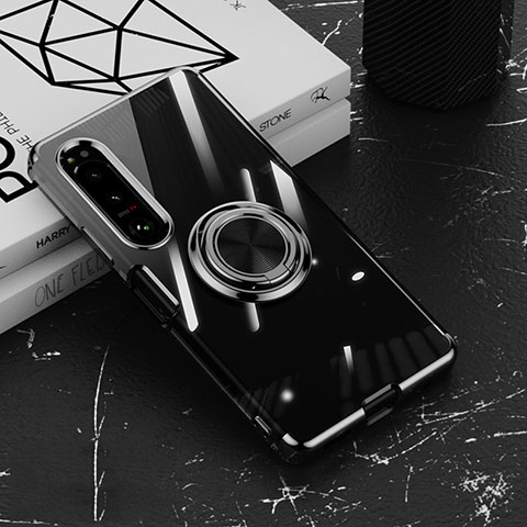 Funda Silicona Ultrafina Carcasa Transparente con Magnetico Anillo de dedo Soporte para Sony Xperia 10 IV SOG07 Negro