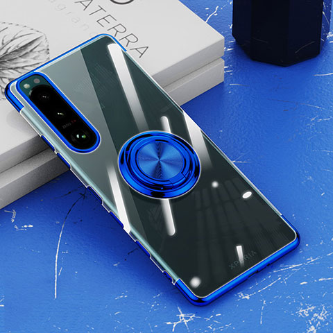 Funda Silicona Ultrafina Carcasa Transparente con Magnetico Anillo de dedo Soporte para Sony Xperia 5 III Azul