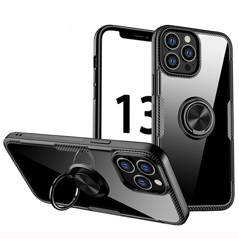 Funda Silicona Ultrafina Carcasa Transparente con Magnetico Anillo de dedo Soporte S01 para Apple iPhone 13 Pro Negro